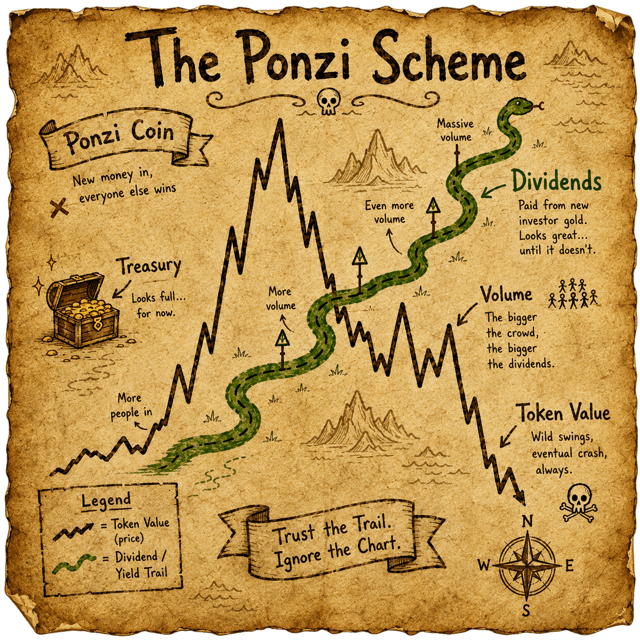 Hand drawn map of the scheme: token value, dividends and volume